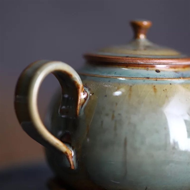 景德镇全手工粗陶蕉叶绿窑变釉茶壶140ml