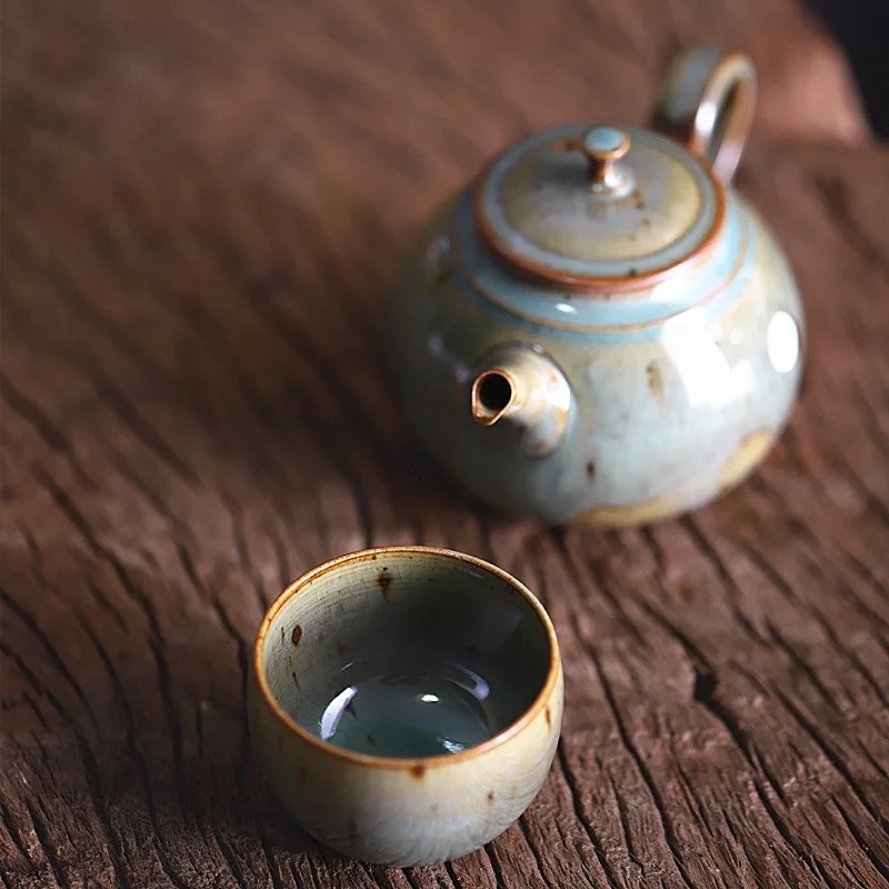 景德镇全手工粗陶蕉叶绿窑变釉茶壶140ml