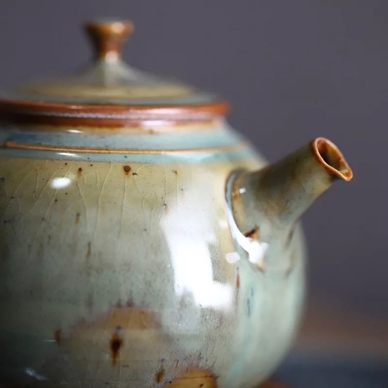 景德镇全手工粗陶蕉叶绿窑变釉茶壶140ml